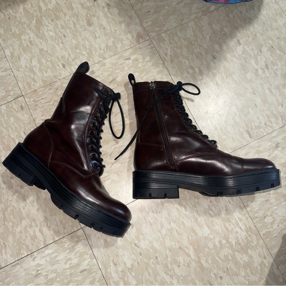 Zara Womens Brown Lace Up Platform Ankle Boots Size US 6.5 EU 37 Combat Biker